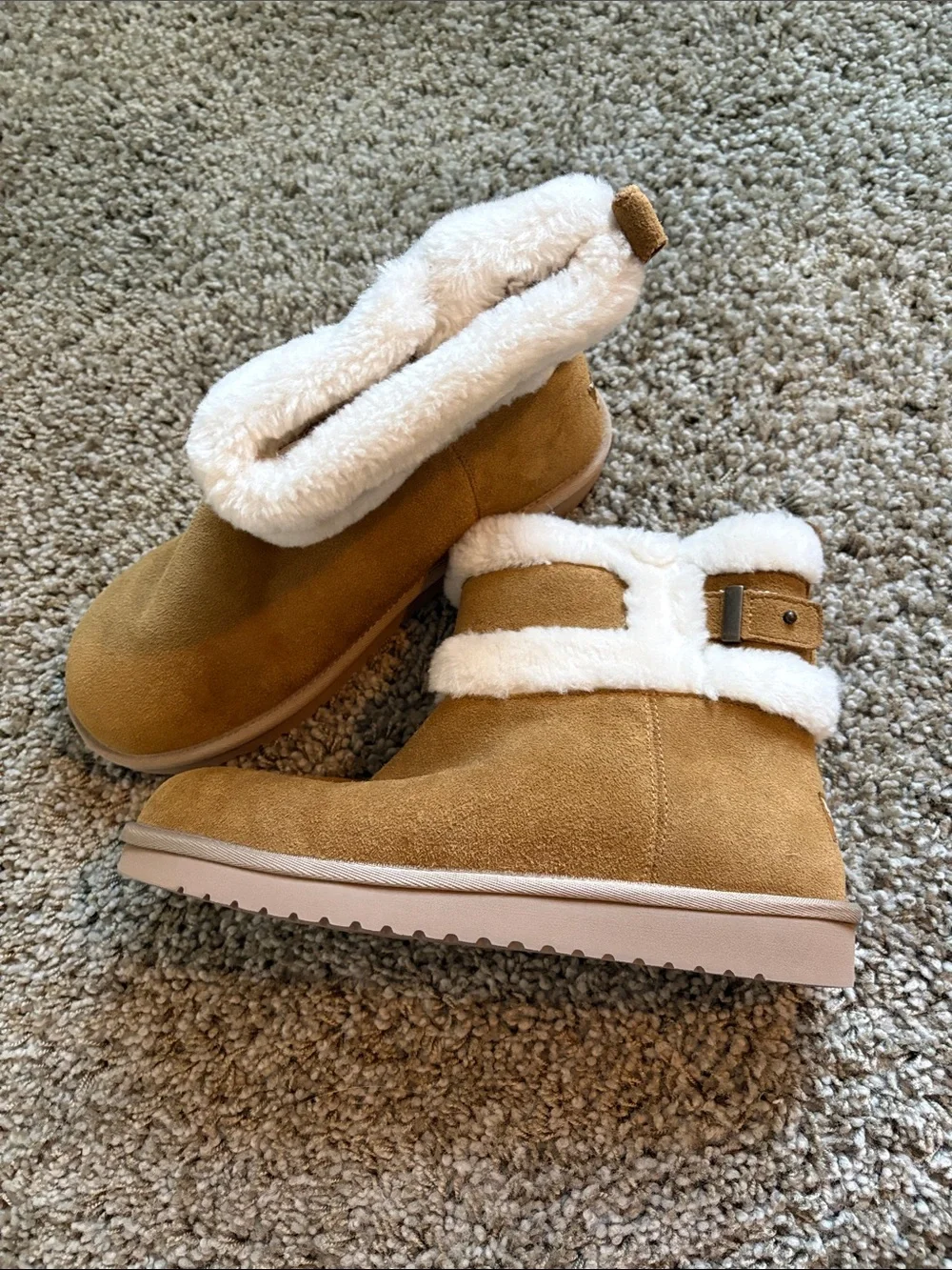 Koolaburra Kids Tan Faux-Suede Boots with Cream Faux-Fur Trim